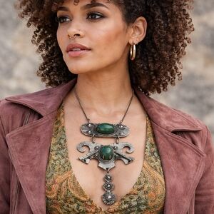 Vintage Made in Brazil Statement Necklace Green Cabochon Silver Tone Pendant 6"